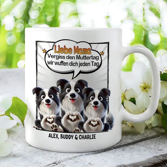 DIYTREE Personalisierte Hundemama Muttertag Tasse – Individuell mit 1-3 Hunden, Namen & lustigem Spruch, perfektes Geschenk
