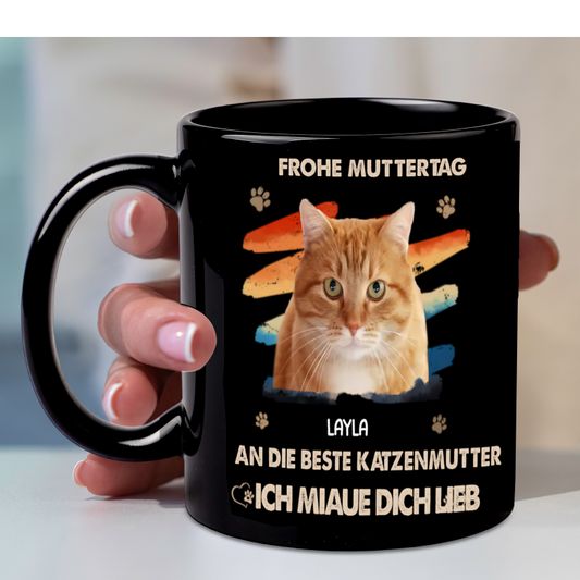 DIYTREE Individuell gestaltete schwarze Tasse mit Hund- und Katzenmotiv