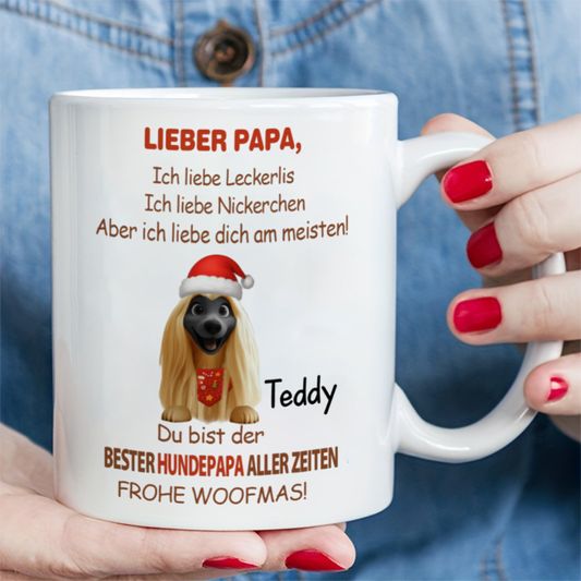 DIYTREE Personalisierter Hundepapa Weihnachts Tasse – Individuell mit 1-4 Hunden, Namen & lustigem Spruch, perfektes Weihnachtsgeschenk