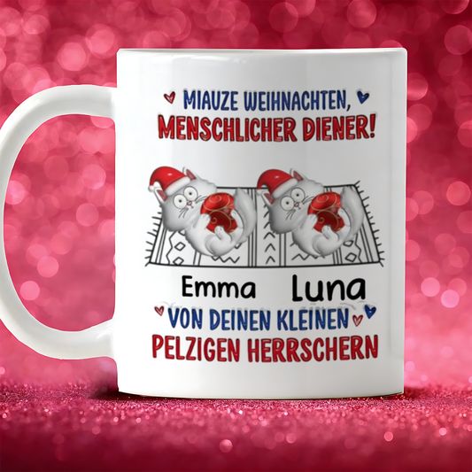 DIYTREE Personalisierte Katze Weihnachts Tasse – Individuell mit 1-6 Katzen, Namen & lustigem Spruch, perfektes Weihnachtsgeschenk