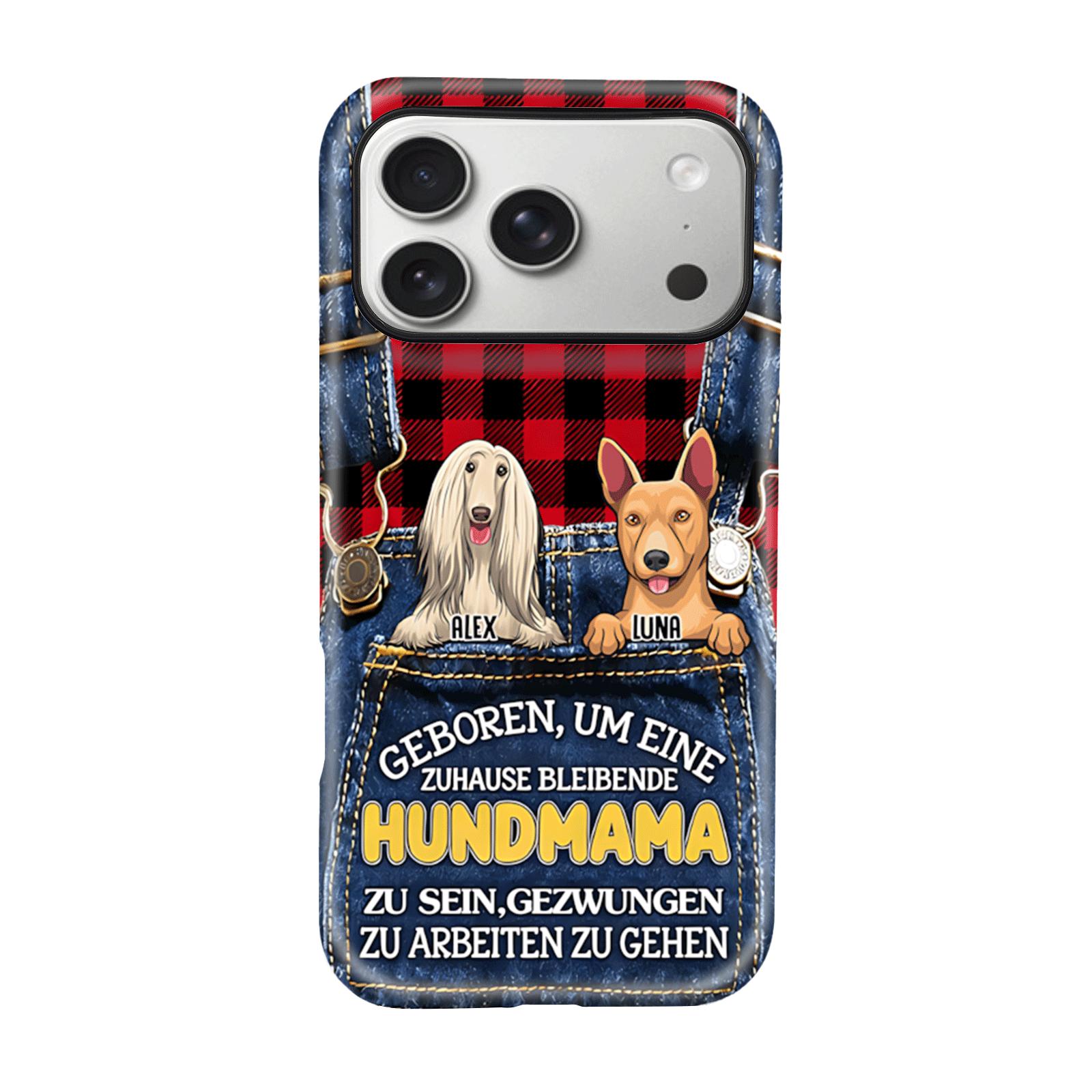 DIYTREE Personalisierte Hundemama Handyhülle – Individuell mit 1-4 Hunden & Namen, Denim-Design Doppelschicht-Schutz für iPhone