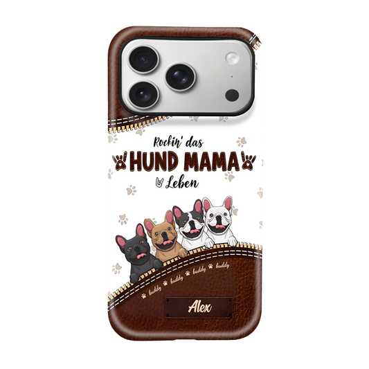 DIYTREE Personalisierte Hundemama Handyhülle – Individuell mit 1-4 Hunden & Namen, Leder-Design Doppelschicht-Schutz für iPhone