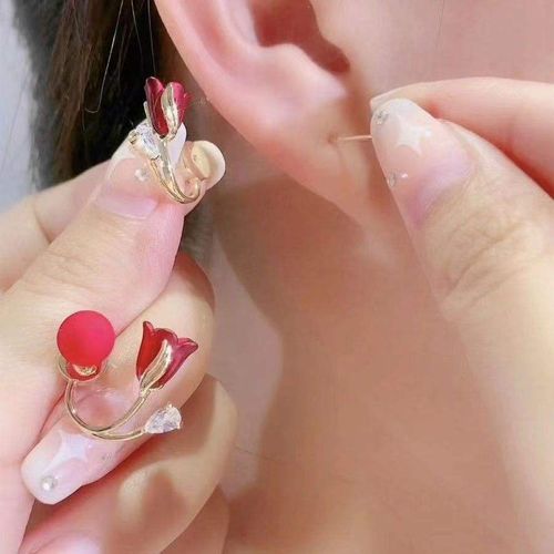Longer Style Light Luxury Red Micro-Inlaid Zircon Tulip Flower & Pearl Drop Earrings