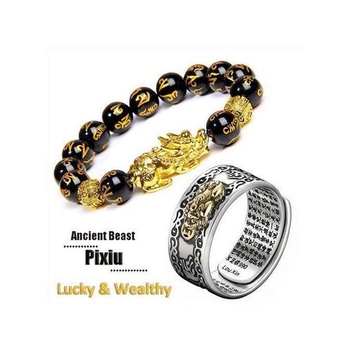 Feng Shui Amulet Wealth Lucky Obsidian Bracelet + Open Adjustable Charms Ring