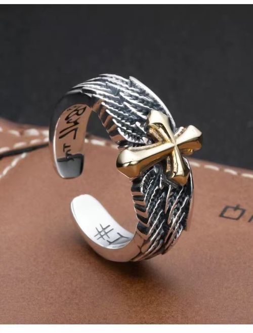 Vintage Distressed Silver-Gold Plated Two-Tone Cross Wing Ring - 3D Open Adjustable Trendy Band with Gift Box