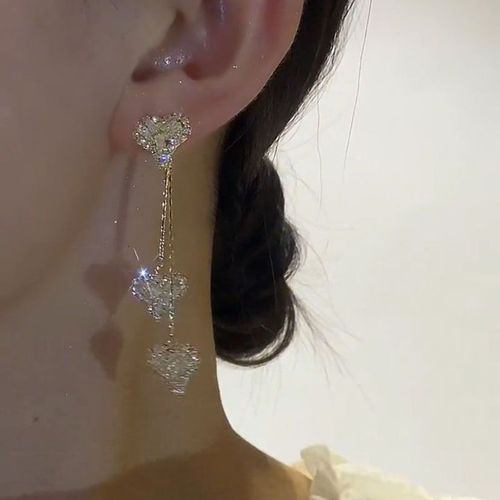Dual-Wear Zircon Heart Earrings - Sparkling Temperament, Tassel Design & Face-Slimming Effect, Symbolizing Heart-to-Heart Connection
