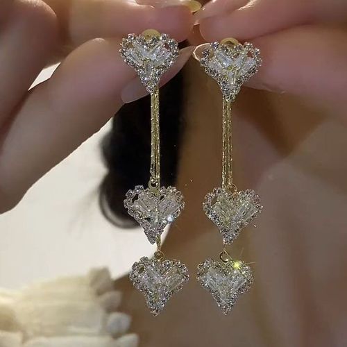 Dual-Wear Zircon Heart Earrings - Sparkling Temperament, Tassel Design & Face-Slimming Effect, Symbolizing Heart-to-Heart Connection