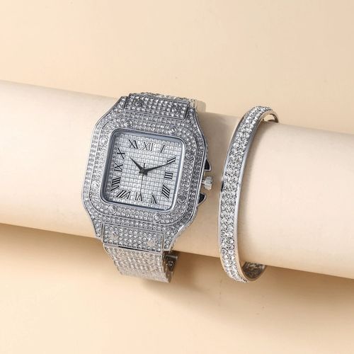 Fashion Square Moissanite - Inlaid Starry - Sky Roman Numeral Unisex Quartz Watch: Shine with Timeless Elegance