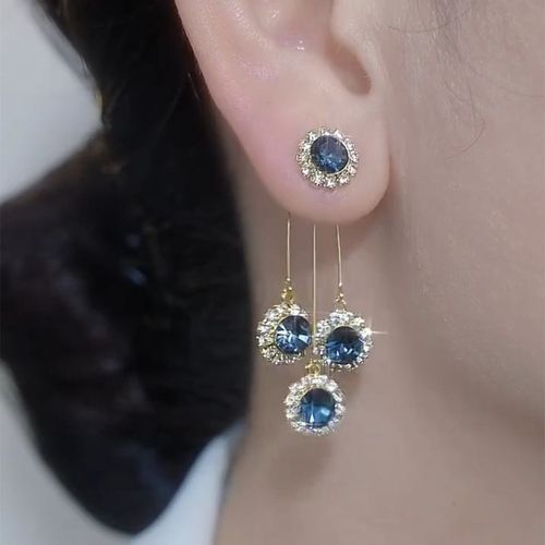 New Style Double-Sided Wear Full-Diamond Tassel Earrings, 2-Way Wear Ear Accessories, Blue Silver Needle Versatile Stud Earrings