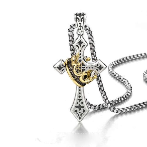 Two-Tone Silver & Gold Cross Necklace with Vintage Crown Accent - Stylish Engraved Fashion Jewelry for Men & Women