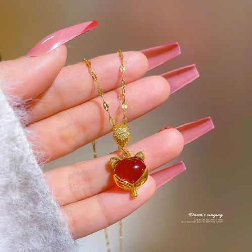 Rose Gold Fox Pendant Necklace: Luminous Red Gemstone with Sparkling Crystal Accents