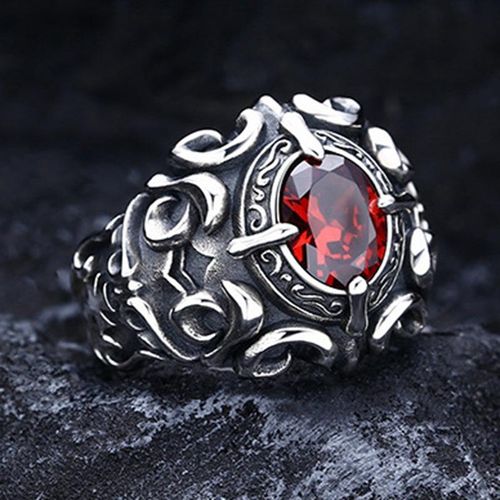 Vintage Silver-Tone Ornate Scrollwork Garnet Ring: Cross Claw-Set Red Gem Statement Piece