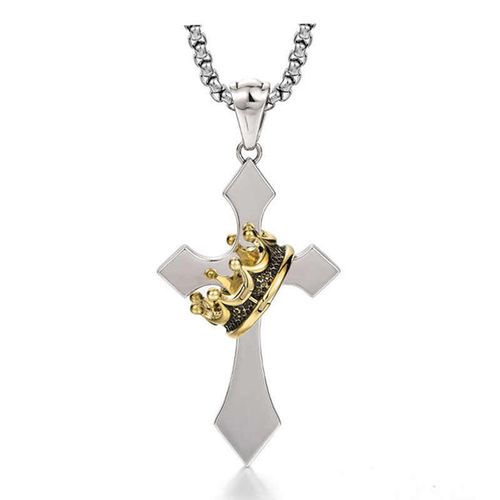 Two-Tone Silver & Gold Cross Necklace with Vintage Crown Accent - Stylish Engraved Fashion Jewelry for Men & Women
