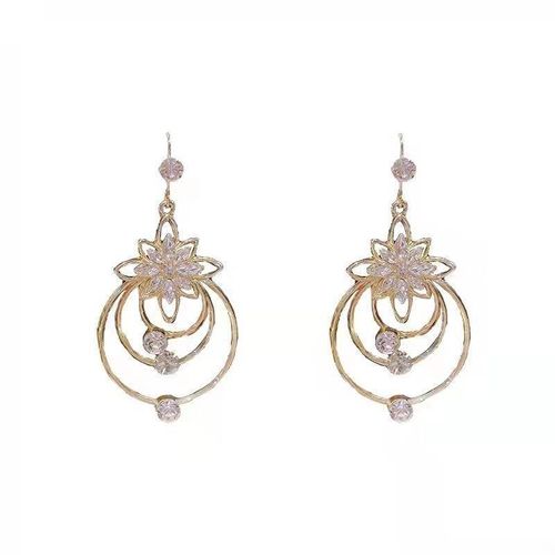 Gold-Tone Five-Petal Crystal Flower Multi-Layer Hoop Earrings