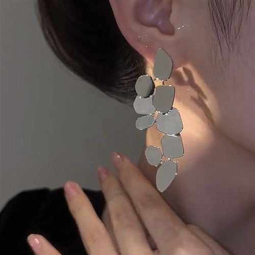 Silver-Tone Irregular Leaf Fragment Mirror-Finish Long Drop Earrings