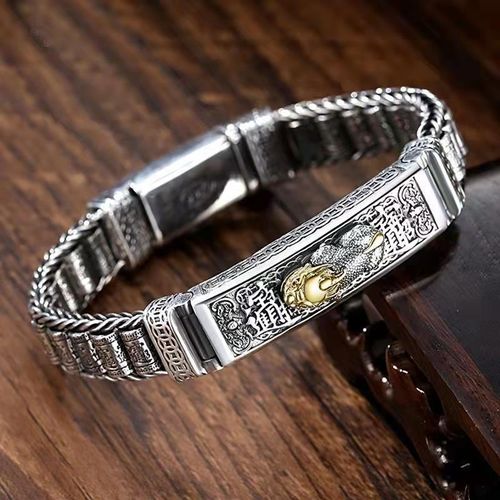 New Arrival Men's Pixiu Bracelet - Intricate Silver Craft with Fortune-Attracting Design, Smooth-Path Symbol and Gold-Accented Pixiu | INS Trendy