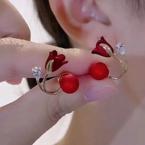 Longer Style Light Luxury Red Micro-Inlaid Zircon Tulip Flower & Pearl Drop Earrings