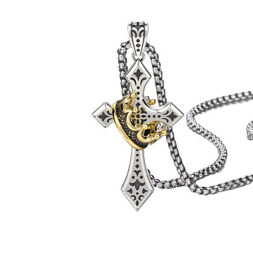 Two-Tone Silver & Gold Cross Necklace with Vintage Crown Accent - Stylish Engraved Fashion Jewelry for Men & Women