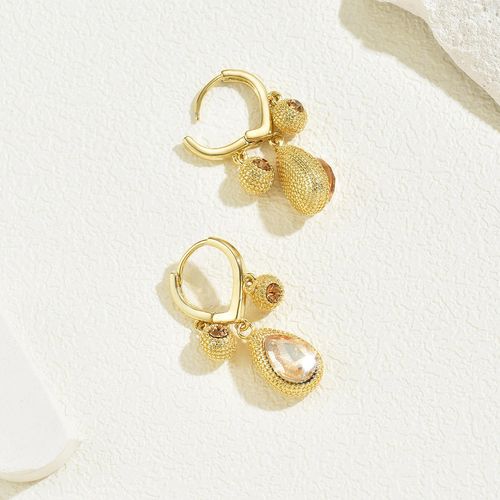 Gold-Tone Textured Durian-Shaped Hoop Earrings with Teardrop Gem Accents
