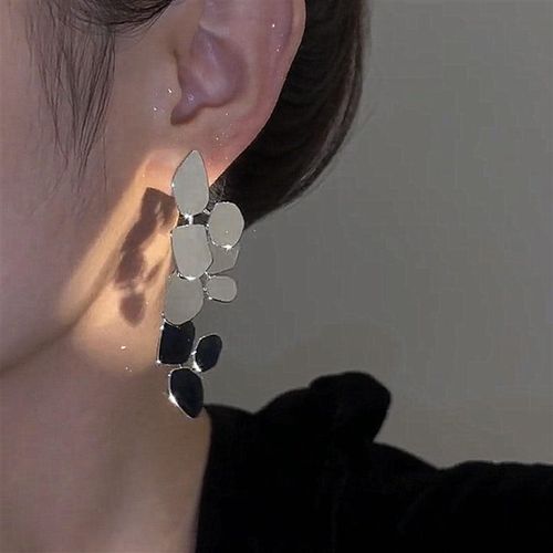 Silver-Tone Irregular Leaf Fragment Mirror-Finish Long Drop Earrings
