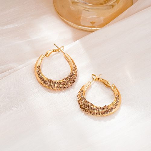 Gold-Tone Double-Row Champagne-Brown Rhinestone Hoop Earrings: Luxe Sparkling Statement Hoops
