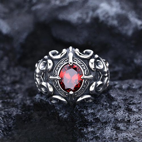 Vintage Silver-Tone Ornate Scrollwork Garnet Ring: Cross Claw-Set Red Gem Statement Piece