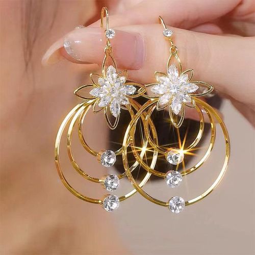 Gold-Tone Five-Petal Crystal Flower Multi-Layer Hoop Earrings