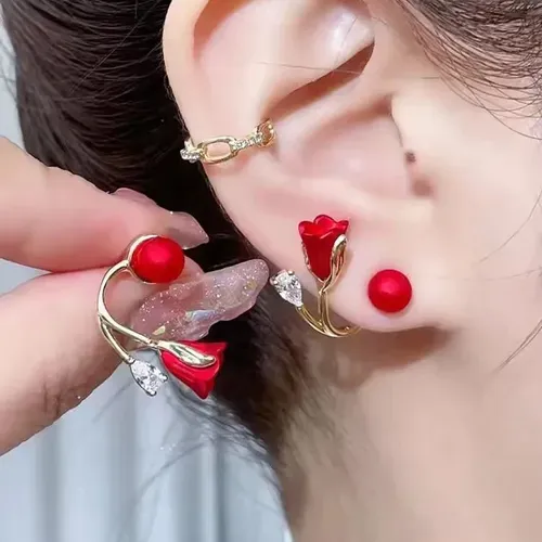 Longer Style Light Luxury Red Micro-Inlaid Zircon Tulip Flower & Pearl Drop Earrings