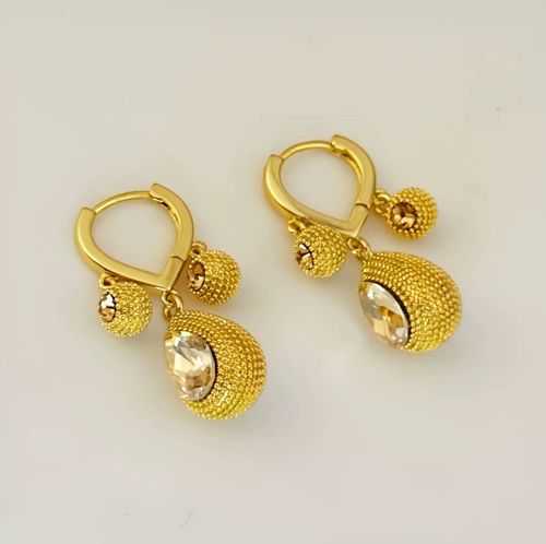 Gold-Tone Textured Durian-Shaped Hoop Earrings with Teardrop Gem Accents