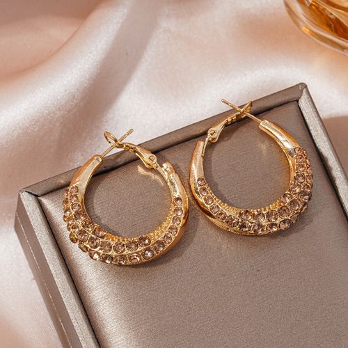 Gold-Tone Double-Row Champagne-Brown Rhinestone Hoop Earrings: Luxe Sparkling Statement Hoops