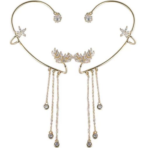 Crystal-Embellished Long Tassel Wrap-Around Ear Cuff (Star & Leaf Design)
