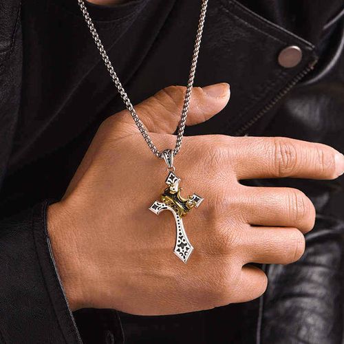 Two-Tone Silver & Gold Cross Necklace with Vintage Crown Accent - Stylish Engraved Fashion Jewelry for Men & Women