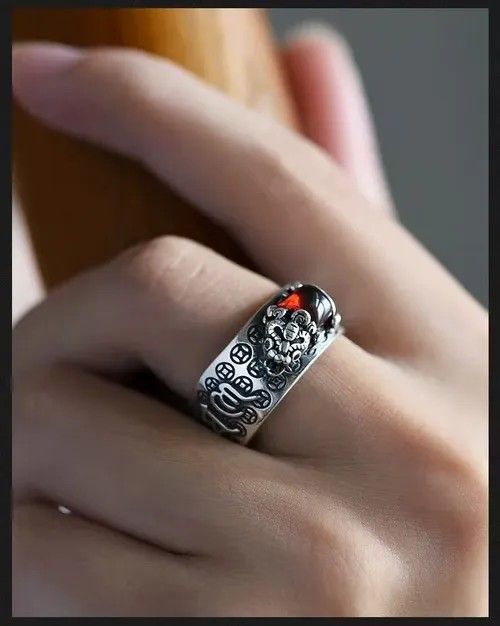 Vintage Silver-Tone 3D Relief Pixiu Ring: Red Heart Gem, Adjustable Open Band with Coin Motifs