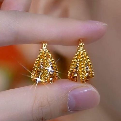 Champagne Gold-Tone Multi-Layer Basket-Shaped Hoop Earrings with Champagne Crystal Accents