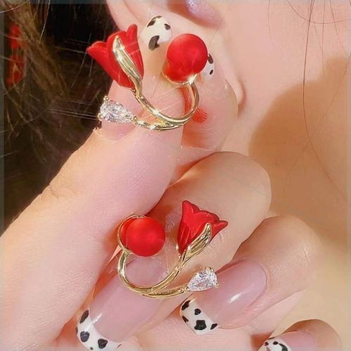 Longer Style Light Luxury Red Micro-Inlaid Zircon Tulip Flower & Pearl Drop Earrings