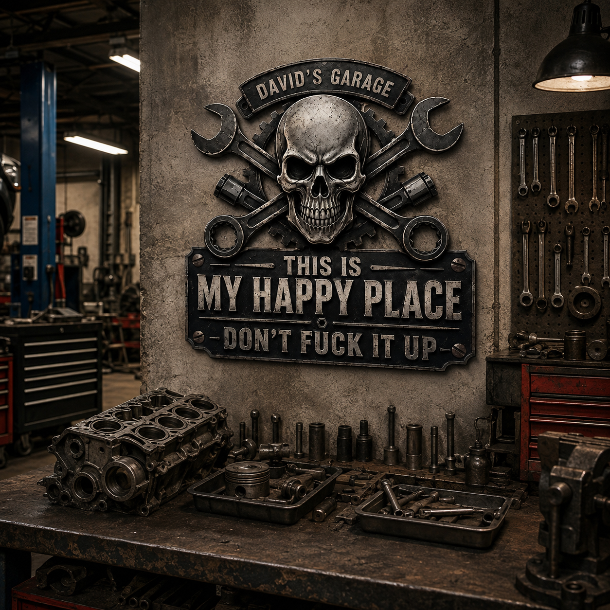 Personalized garage sign displayed in a shop