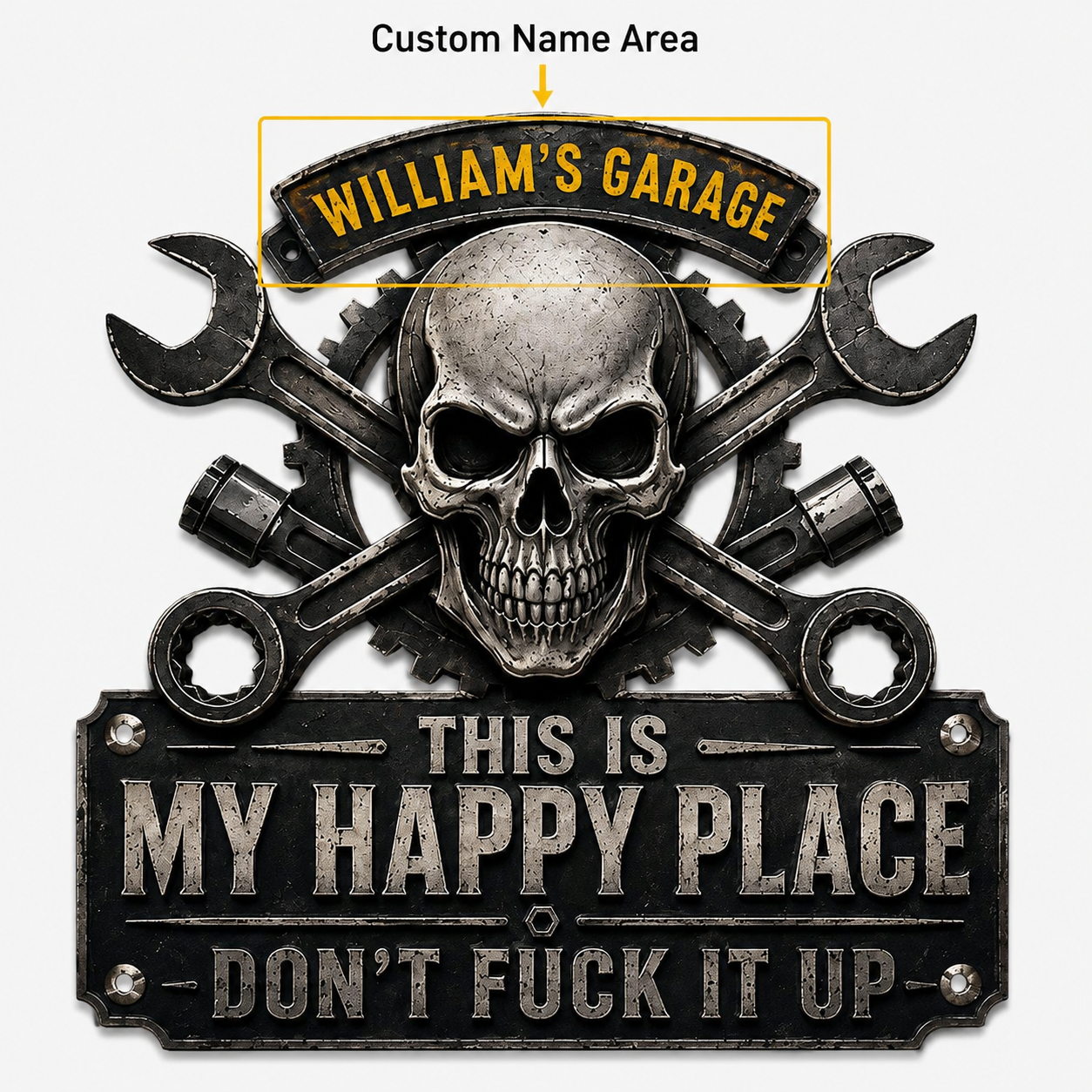 Custom name area on personalized garage sign