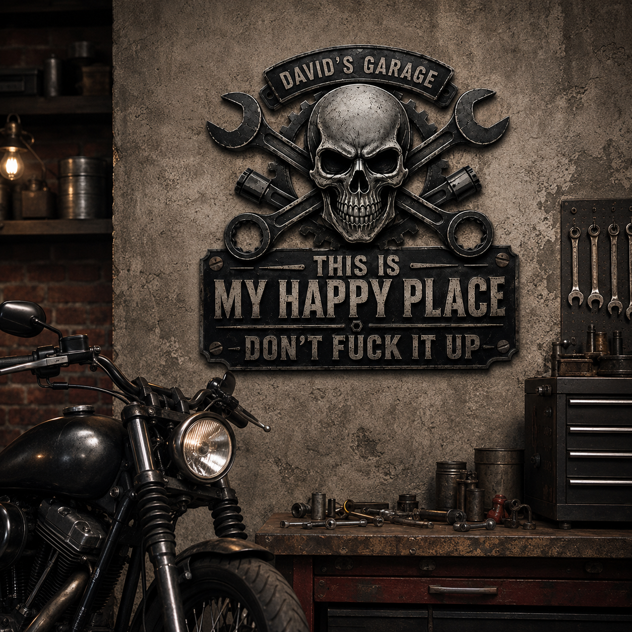 Personalized sign displayed in a garage