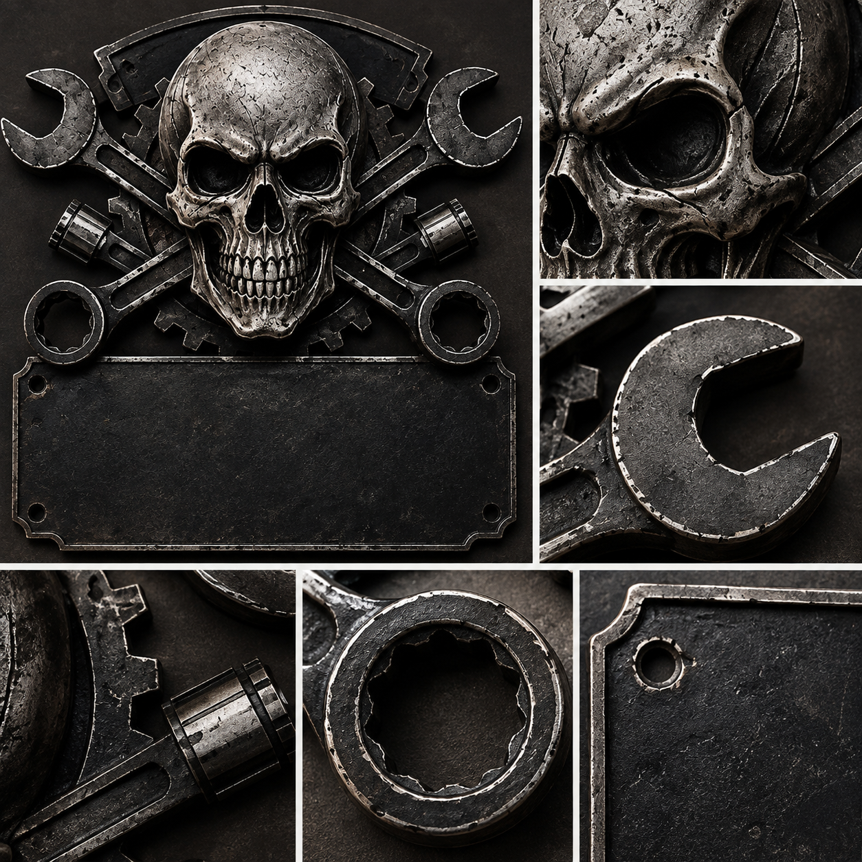 Skull and tool details on personalized garage sign