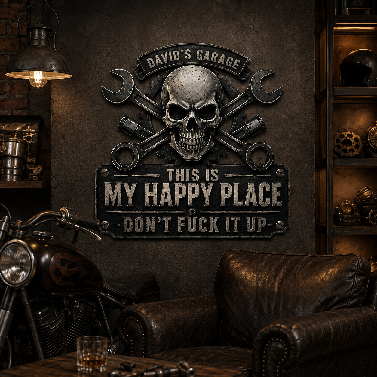 Personalized sign displayed in a man cave