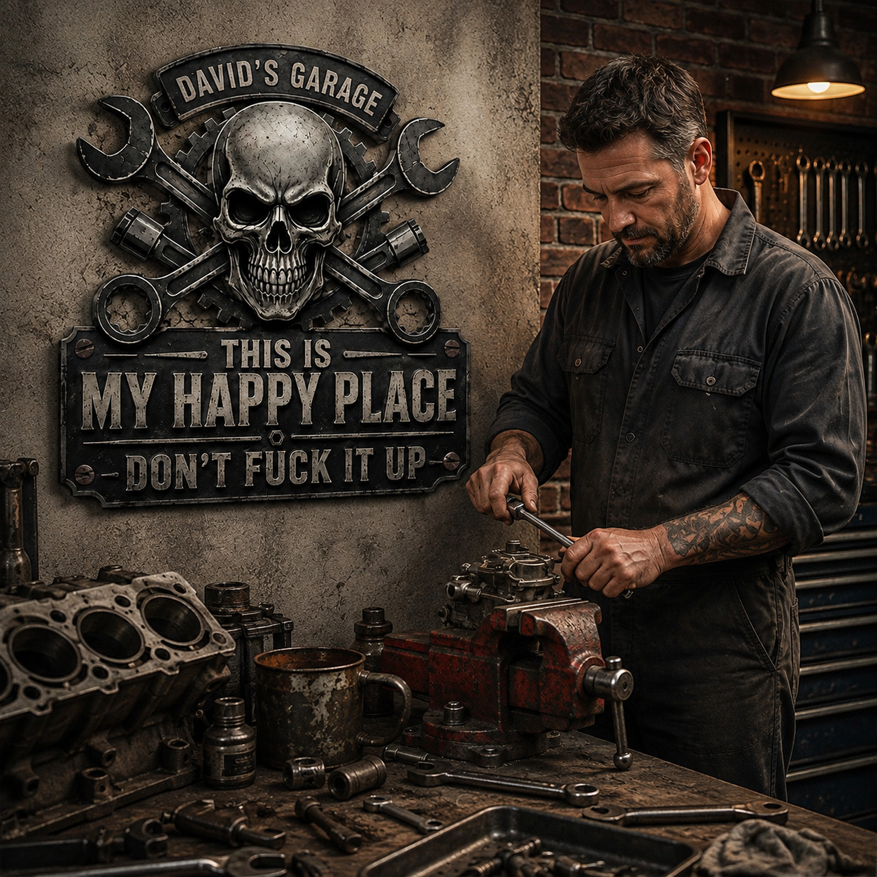 Personalized sign displayed in a workshop