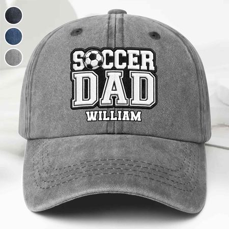 Soccer Dad With Soccer Ball Custom Name Embroidery - Personalized Custom Washed Denim Cap
