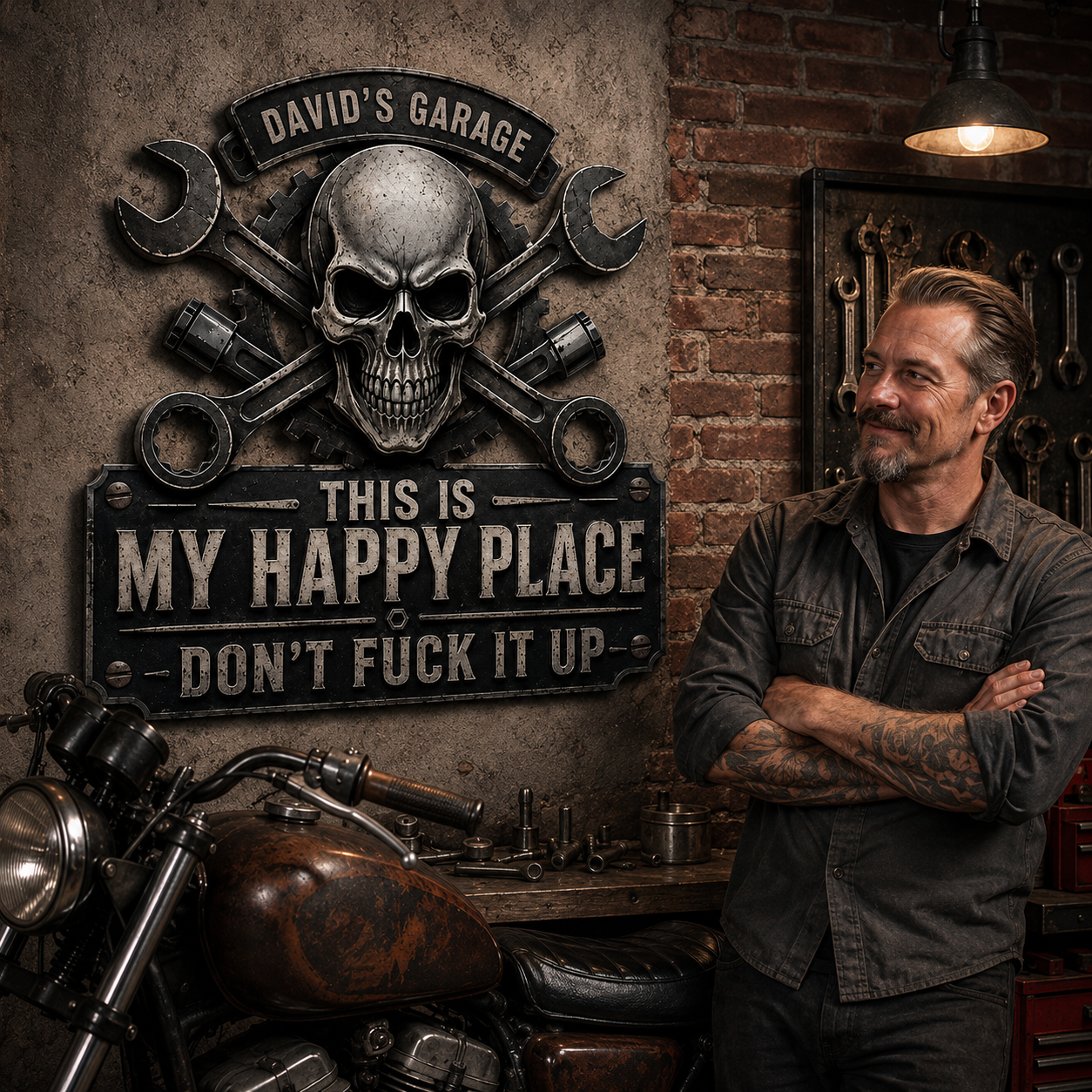 Personalized garage metal sign displayed in a garage
