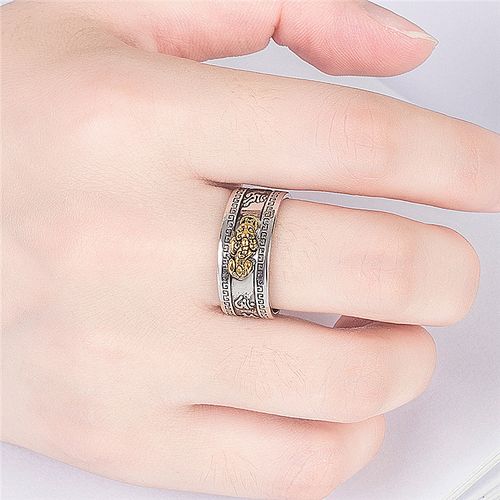 Pixiu Mantra Protection Wealth Ring Adjustable Retro Thai Silver Golden Toad Heart Sutra Ring Punk Feng Shui Rings for Women Men