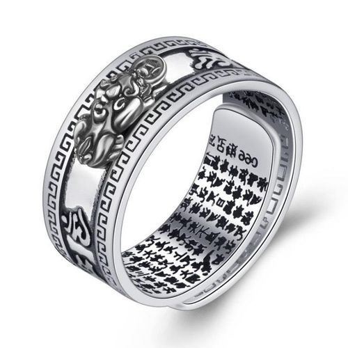 Pixiu Mantra Protection Wealth Ring Adjustable Retro Thai Silver Golden Toad Heart Sutra Ring Punk Feng Shui Rings for Women Men