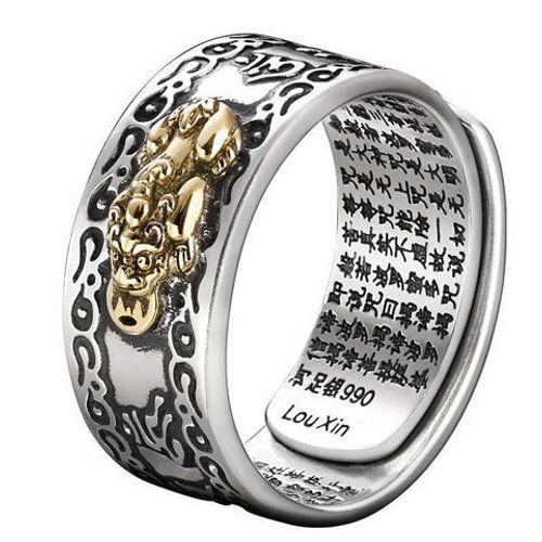 Pixiu Mantra Protection Wealth Ring Adjustable Retro Thai Silver Golden Toad Heart Sutra Ring Punk Feng Shui Rings for Women Men