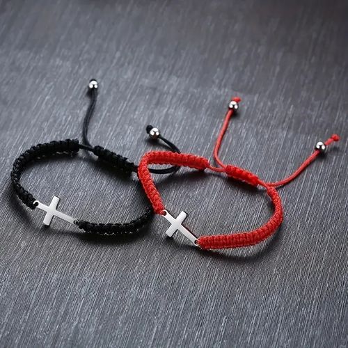 Stainless Steel Cross Bracelets – Black & Red, 2 Pieces