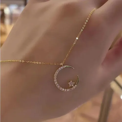 Gold-Tone Moon Pendant Necklace with Zirconia