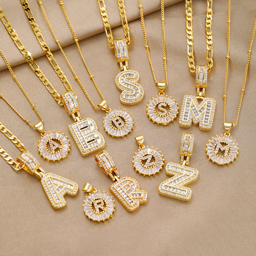 Fashionable copper inlaid zircon plated 18k gold letter pendant ladder square rock candy 26 English letter necklace