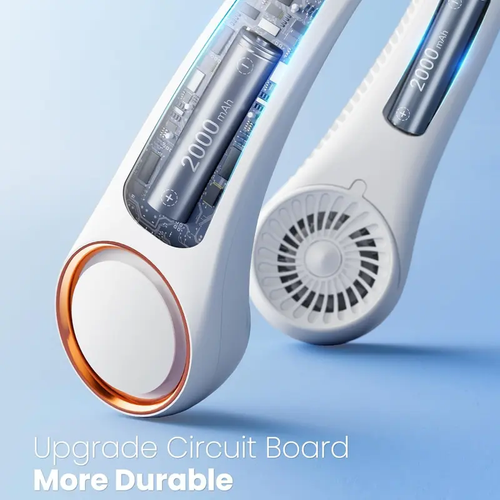 Hands-free neck fan for sports, travel and office use - Rechargeable bladeless cooling technology with up to 8 hours of run time - Wearable headphone design provides cooling for face, neck and shoulders as you move